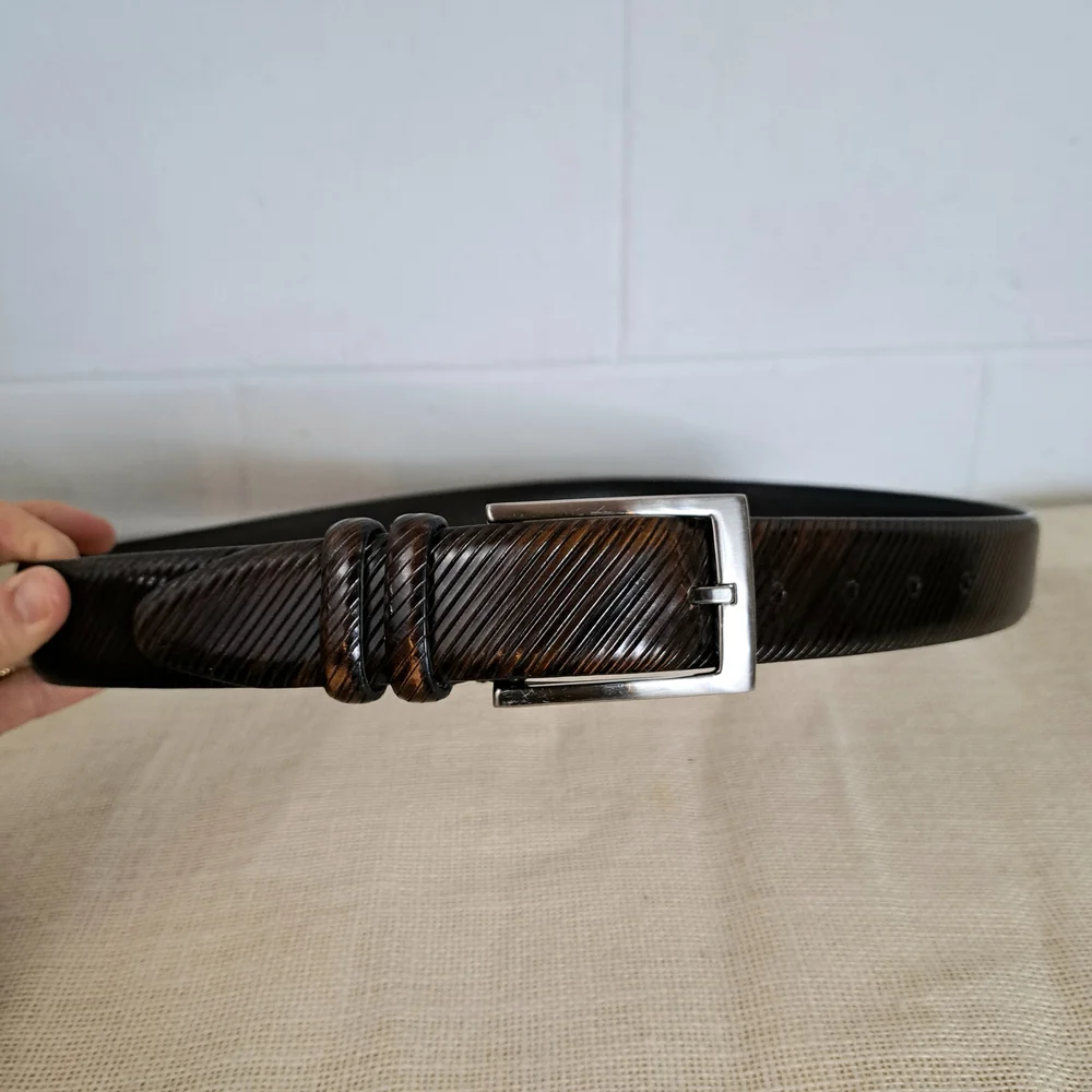 Jos A Bank Brown Ribbed Leather Dress Business Belt Silver Buckle Sz36